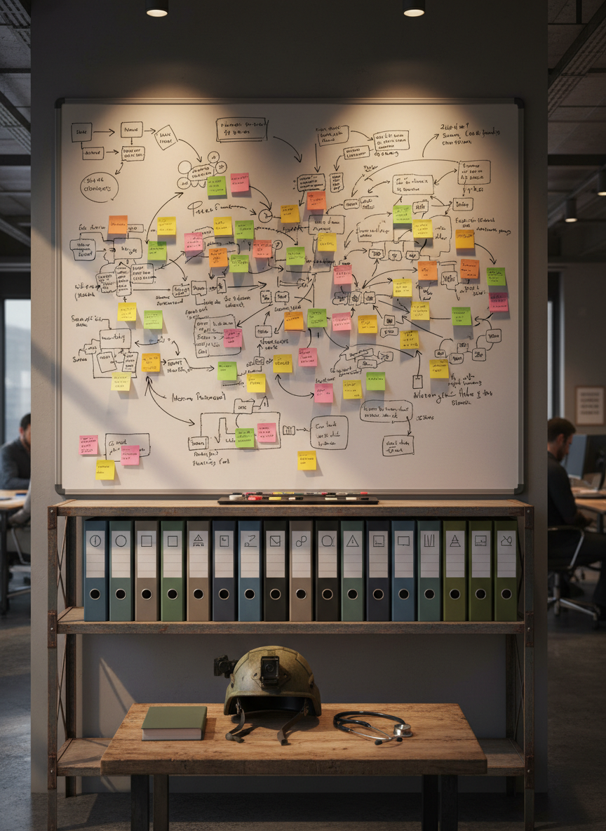 A large, wall-mounted whiteboard in a policy war-room setting, covered with color-coded sticky notes, arrows, and hand-drawn flowcharts depicting a complex healthcare system, all deliberately illegible. Below it, a row of neatly stacked binders in muted blues, grays, and olive tones sits on a steel shelf, each spine marked only with simple geometric symbols instead of text. A rugged tactical helmet and a stethoscope rest side by side on the tabletop beneath, symbolizing the intersection of military service and medicine. Warm, directional spotlighting from above creates dramatic shadows and highlights, giving the scene a bold, strategic feel. Photographic realism with a slightly off-center composition and moderate depth of field keeps focus on the planning surface, blurring the edges of the room to suggest intense, behind-the-scenes advocacy work without showing any individuals.