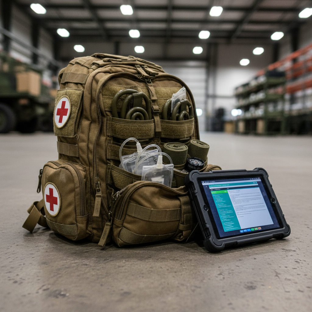 A close-up, photographic image of a rugged combat medic pack resting on a concrete floor, its heavy-duty tan fabric scuffed from use, with red-cross style patches partially visible but not text-based. The zippers are half-open, revealing neatly arranged tourniquets, bandages, and IV bags in modular compartments. Beside the pack lies a durable tablet device showing an out-of-focus interface of medical records and policy documents, symbolizing modern healthcare advocacy. Harsh overhead warehouse lighting creates strong contrasts and defined shadows, highlighting textures and grit. Shot from a low-angle, shallow depth of field makes the background—a blurred suggestion of a military vehicle bay with indistinct equipment racks—fade into soft bokeh. The mood is bold, urgent, and mission-driven, underscoring the real tools of military healthcare reform without depicting any people or readable text.