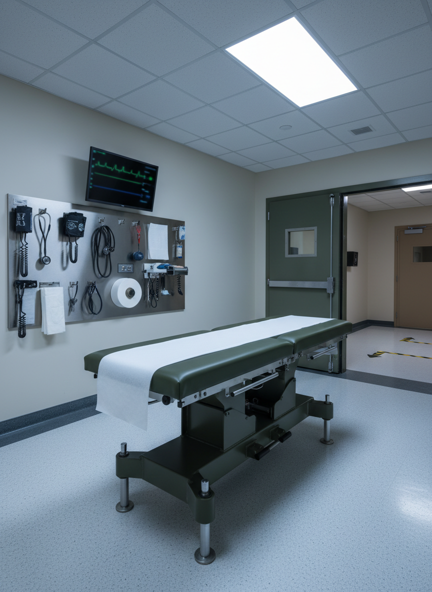 A spotless military-style medical examination room, featuring a sturdy olive-green exam table with reinforced metal legs and a crisp white paper roll perfectly aligned along its surface. Along one wall, organized medical equipment—stethoscopes, blood pressure cuffs, and trauma supplies—hangs on a brushed steel panel, while a digital monitor displays abstract, blurred vital signs. The floor is resilient, speckled vinyl, reflecting a soft sheen under cool, diffused overhead LED lighting. In the background, a partially open reinforced door reveals a corridor with muted beige walls and directional floor markings. Photographic realism, eye-level composition, and a wide-angle lens emphasize readiness and systemic structure. The atmosphere feels serious, purposeful, and bold, ideal for illustrating the frontline environment of U.S. military medicine without human presence.