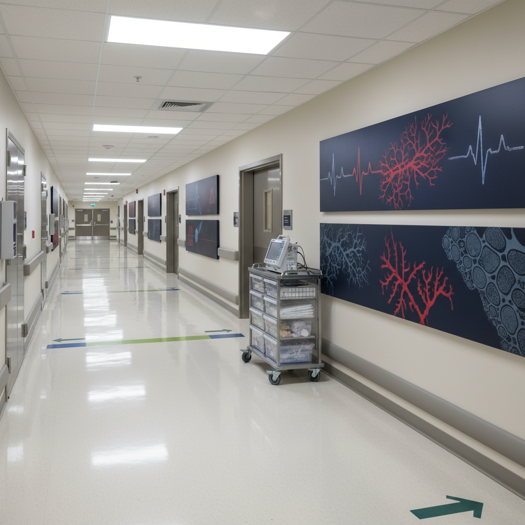 An expansive, photographic view of a modern military hospital corridor, its long, gleaming floors reflecting overhead strip lighting. On one side, reinforced doors with small frosted windows lead to treatment rooms, while the opposite wall features large, framed abstract prints inspired by EKG lines and anatomical forms in deep navy, crimson, and muted gray. A mobile crash cart is parked neatly at a junction, fully stocked with sealed supplies and a defibrillator with an unreadable, glowing screen. Subtle directional arrows and colored floor inlays suggest organized movement through the system. Captured at eye level with a strong central vanishing point, the composition leads the viewer forward, symbolizing progress and systemic change. The atmosphere is bold, clinical, and determined, emphasizing the infrastructure behind U.S. military and veteran care, with no human figures present.